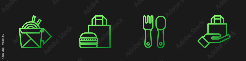 Set line Fork and spoon, Online ordering noodles delivery, burger and . Gradient color icons. Vector