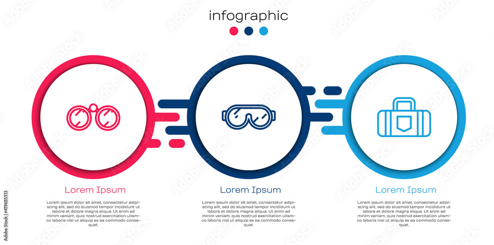 设置双筒望远镜、滑雪镜和手提箱。商业信息图表模板。矢量。