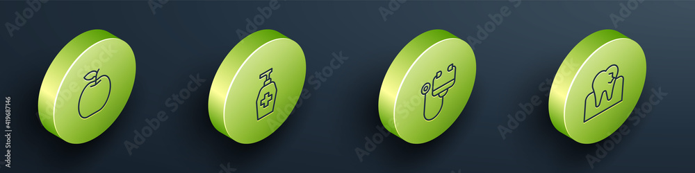 Set Isometric line Apple, Liquid antibacterial soap, Stethoscope and Tooth with caries icon. Vector.