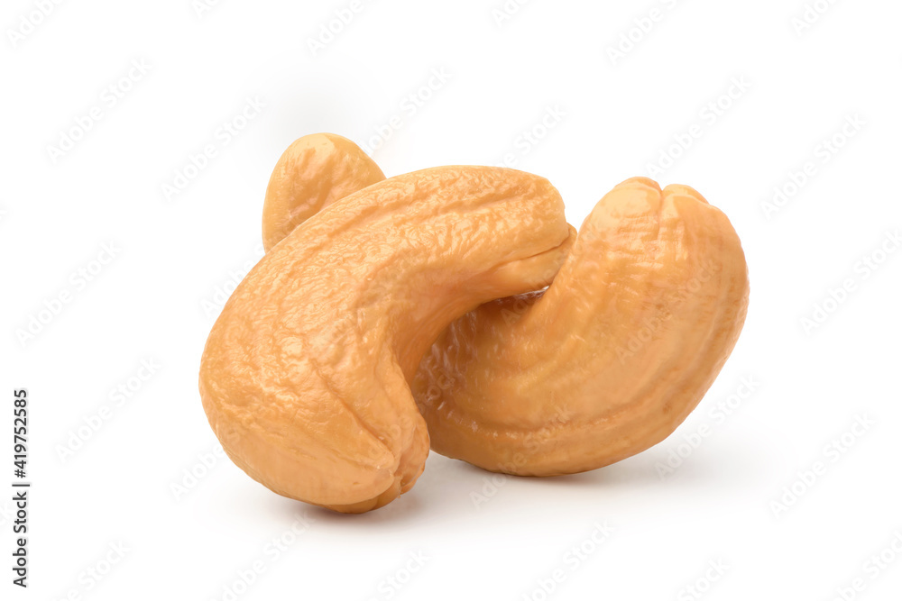 Close-up Two Roasted cashew nuts isolated on white background. Clipping path.