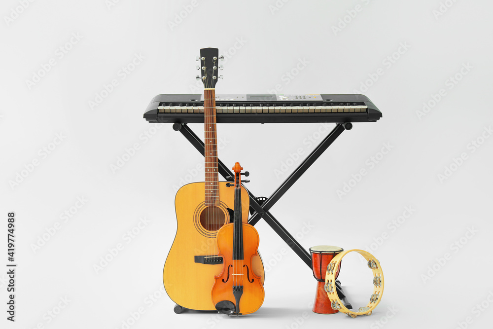 Different musical instruments on white background