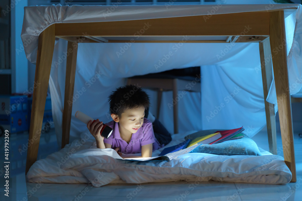 Asian preschool boy child to make a camp to play imaginatively and reading book by flashlight  in li