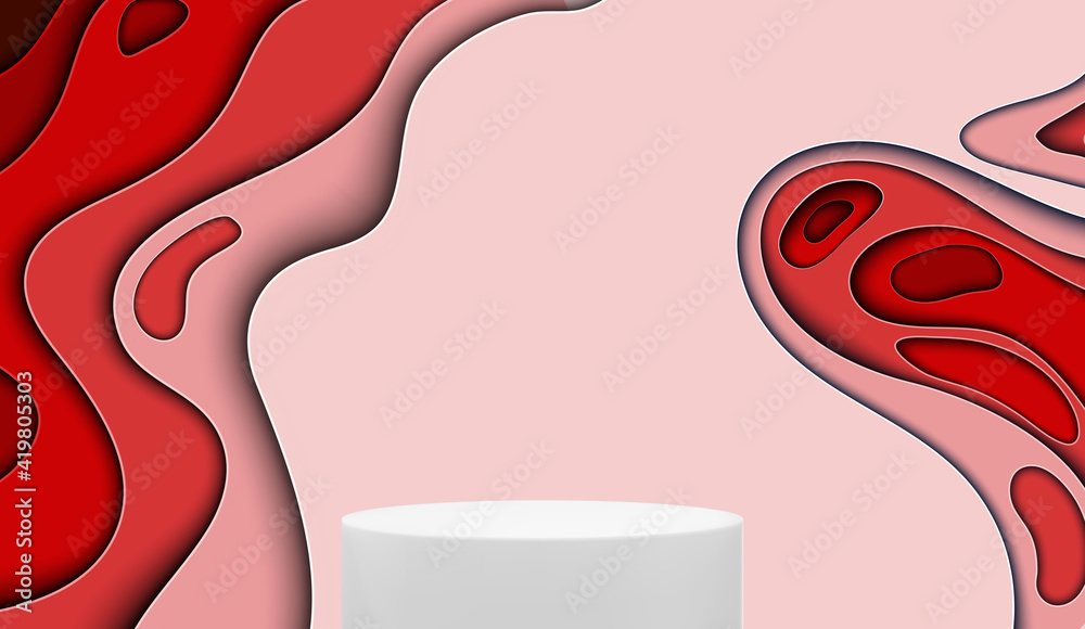 红色剪纸背景上逼真的3d白色底座。时尚的空讲台展示化妆品