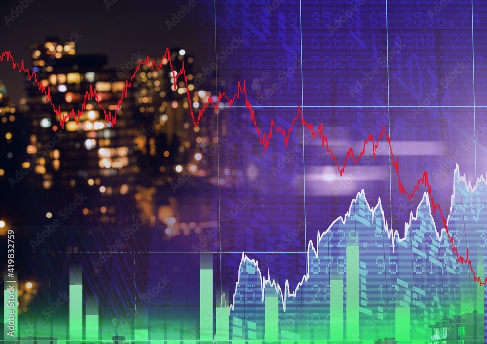 Red graphs over grid network and stock market data processing against cityscape