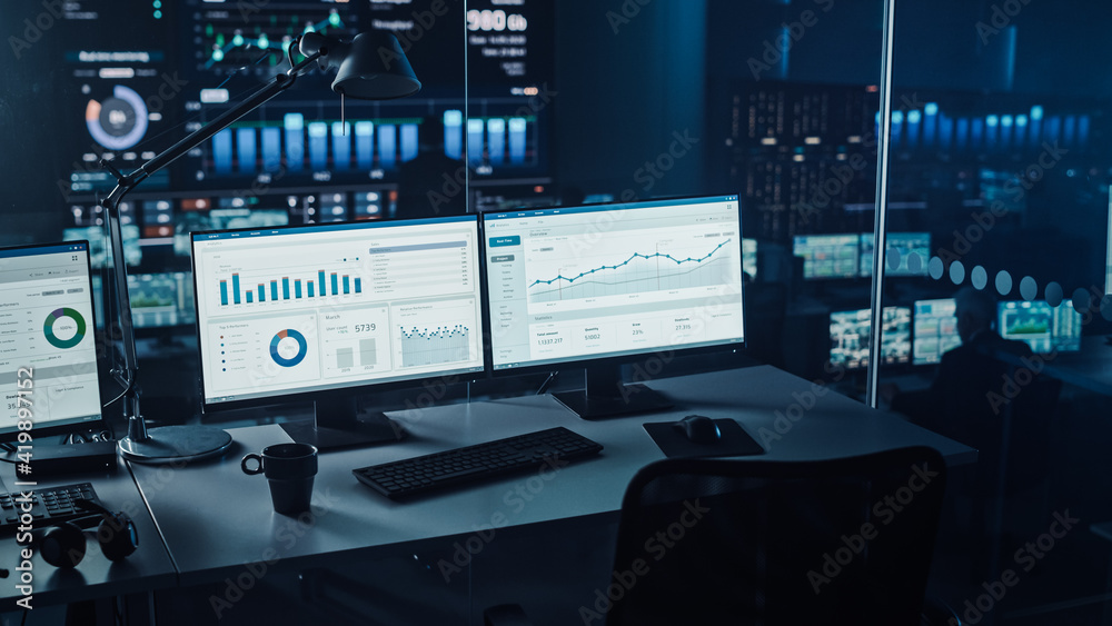 Two Digital Computer Screens with Financial Analytical Data in Modern Monitoring Office. Control Roo