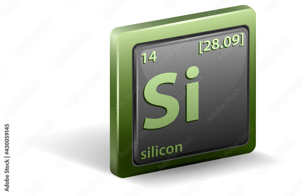 Silicon chemical element. Chemical symbol with atomic number and atomic mass.