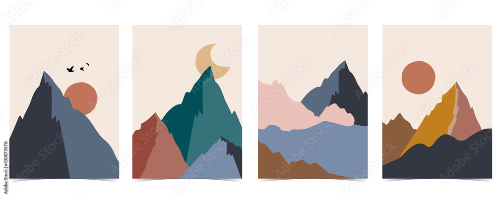 以山、海、太阳、月亮为背景的自然景观集。可编辑矢量插图