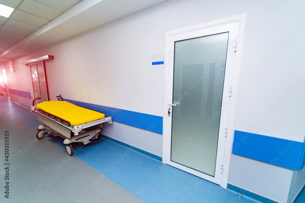 Clinical healthcare corridor with doors in ward. Modern medical interior in hospital.