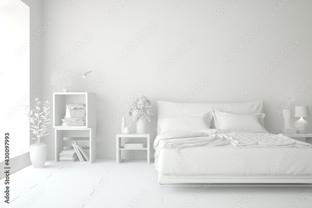 Modern bedroom in white color. Scandinavian interior design. 3D illustration