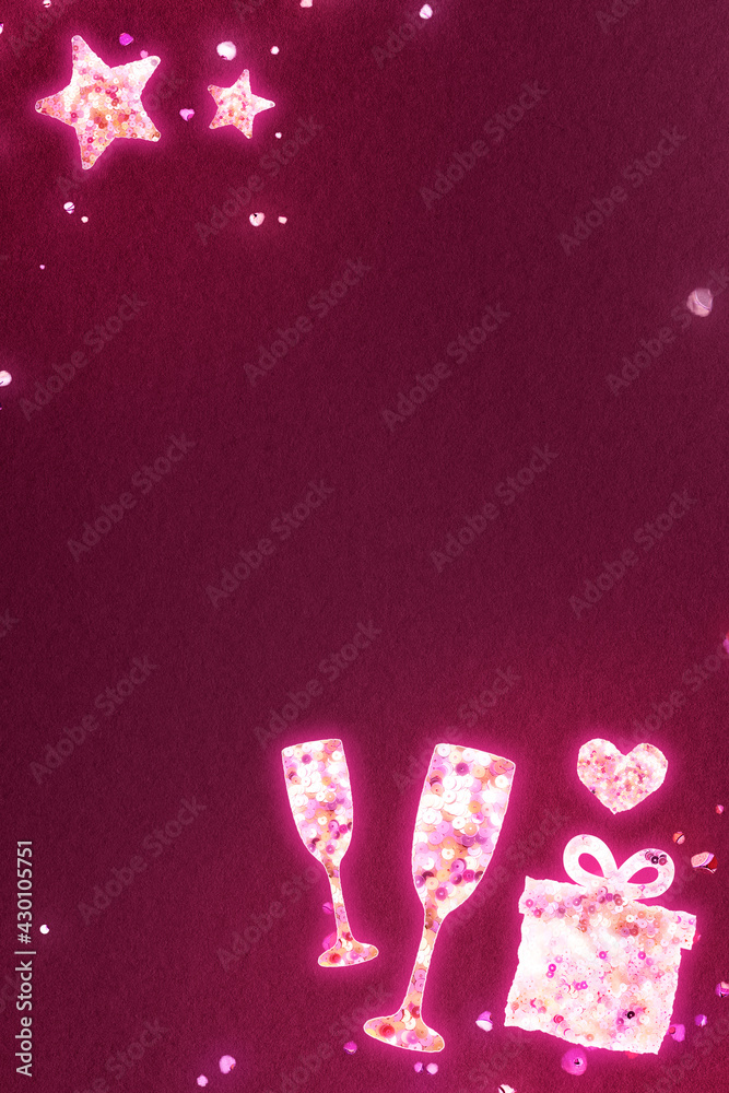 Valentine’s celebration background with box and champagne glasses in sequin texture