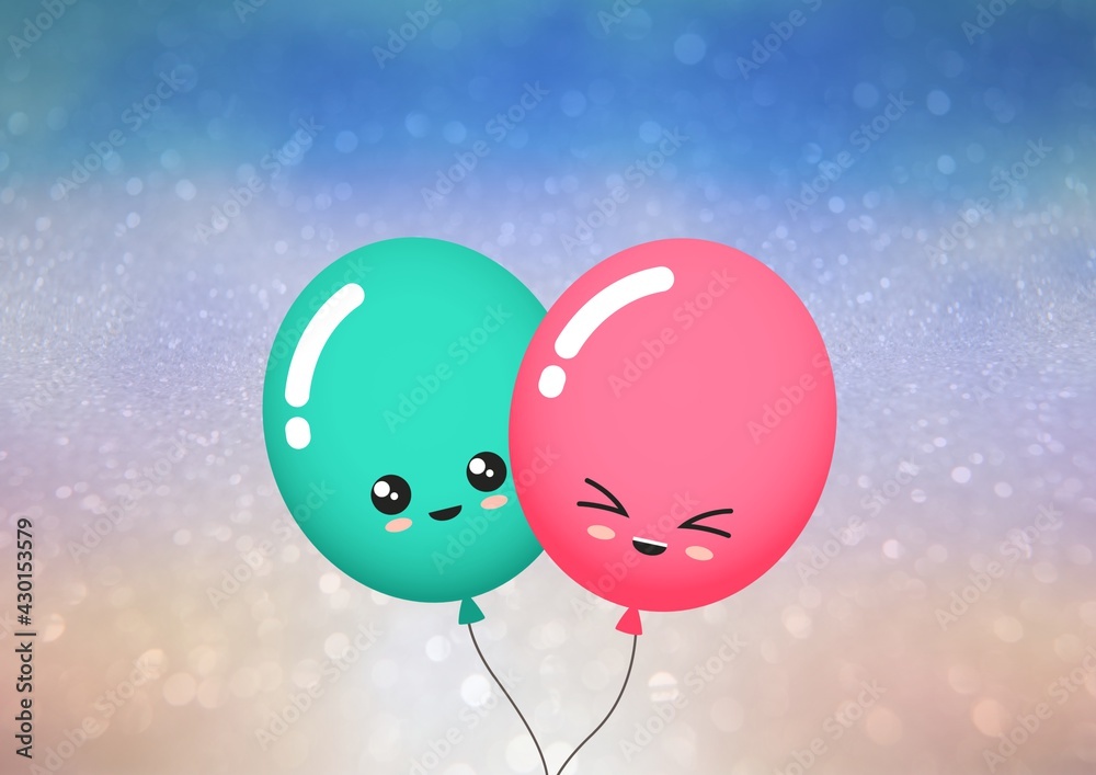 Colorful balloons with cute blushing faces against spots of light on gradient background