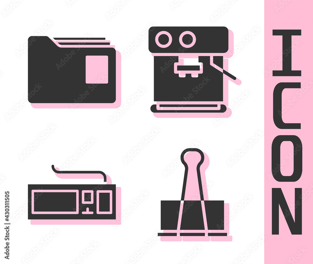 Set Binder clip, Document folder, Keyboard and Coffee machine icon. Vector