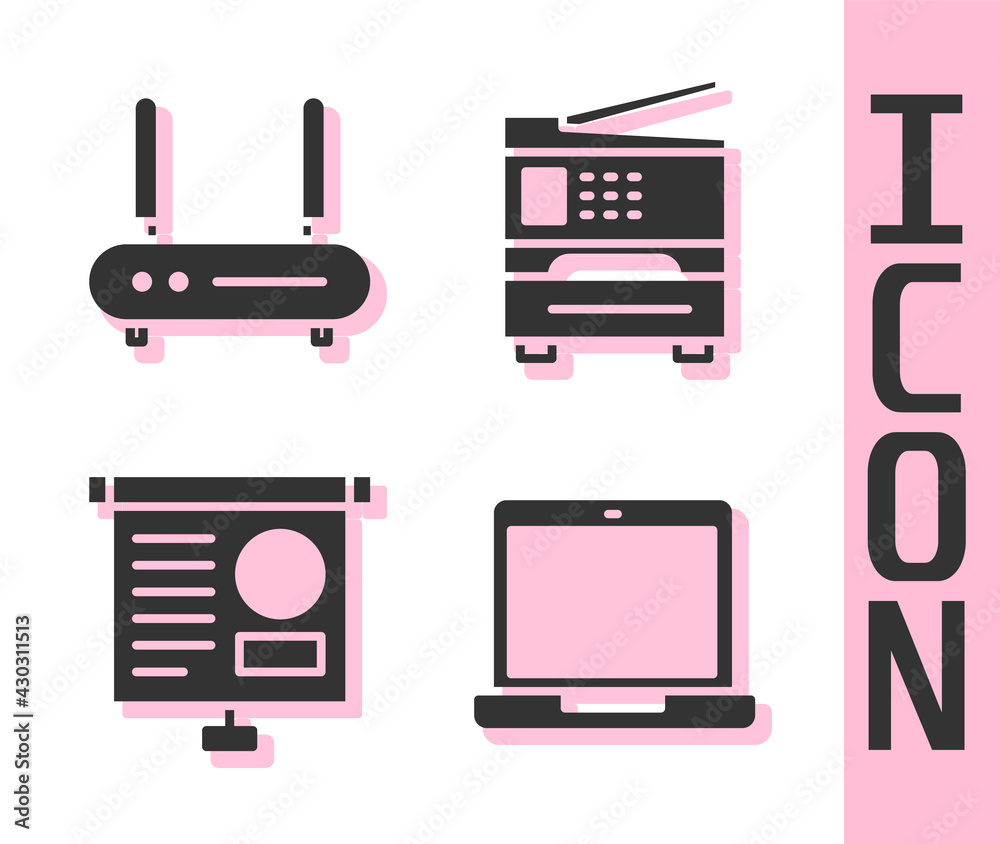 Set Laptop, Router and wi-fi signal, Chalkboard with diagram and Printer icon. Vector