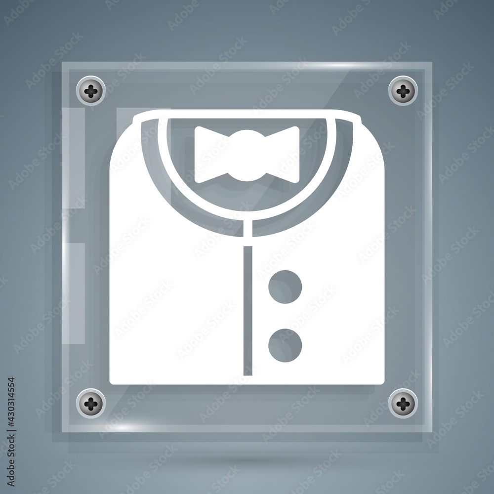 White Suit icon isolated on grey background. Tuxedo. Wedding suits with necktie. Square glass panels