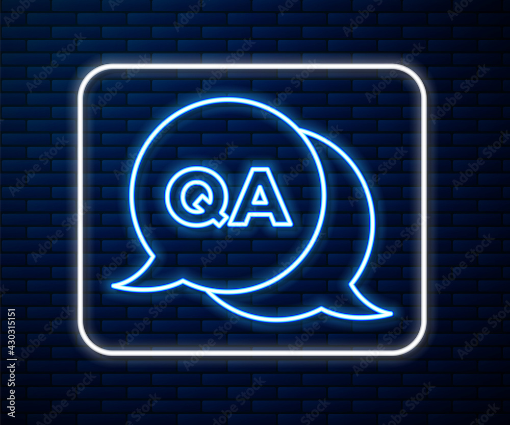 Glowing neon line Speech bubbles with Question and Answer icon isolated on brick wall background. Q 