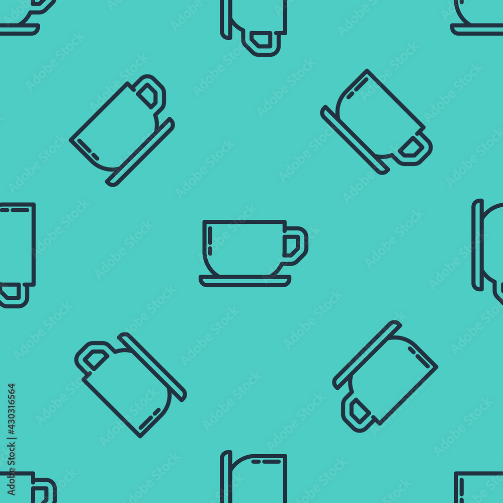 Black line Coffee cup icon isolated seamless pattern on green background. Tea cup. Hot drink coffee.