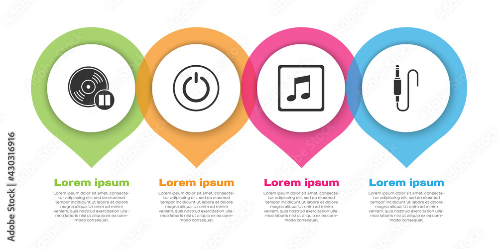 设置乙烯基磁盘、电源按钮、音符、音调和音频插孔。商业信息图模板。矢量