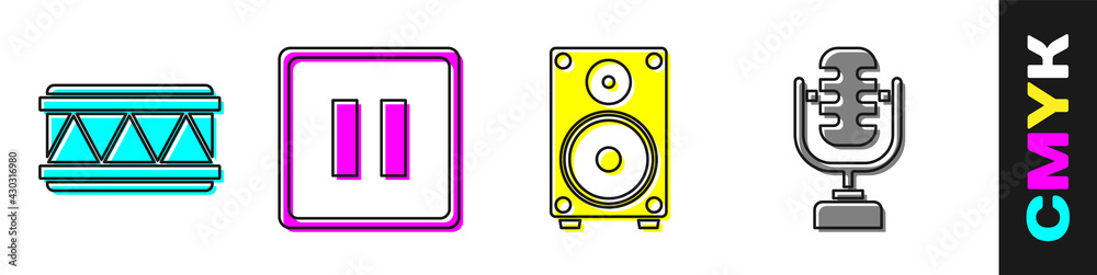 Set Drum, Pause button, Stereo speaker and Microphone icon. Vector