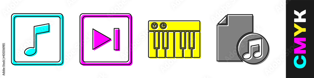 设置音乐音符、音调、快进、音乐合成器和带有音符图标的音乐书。矢量