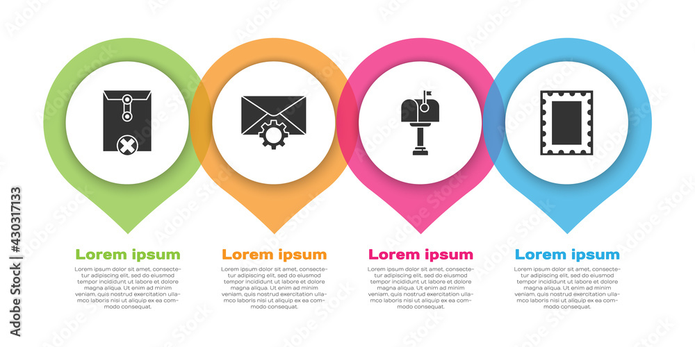 设置删除信封、信封设置、邮箱和邮政印章。商业信息图模板.Vec
