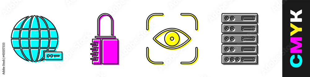 Set Social network, Safe combination lock, Eye scan and Server, Data, Web Hosting icon. Vector