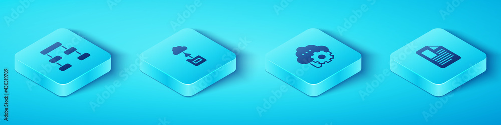 Set Isometric Hierarchy organogram chart, Cloud technology data transfer, File document and icon. Ve
