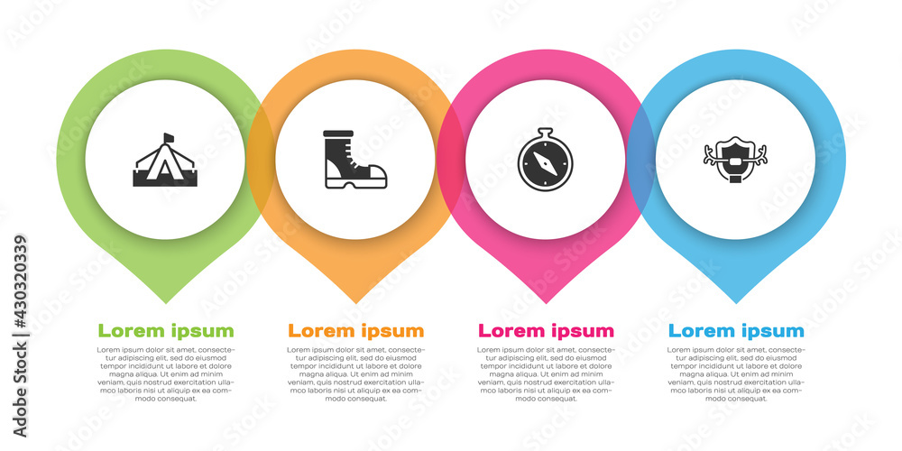 Set Tourist tent, Hunter boots, Compass and Deer antlers on shield. Business infographic template. V