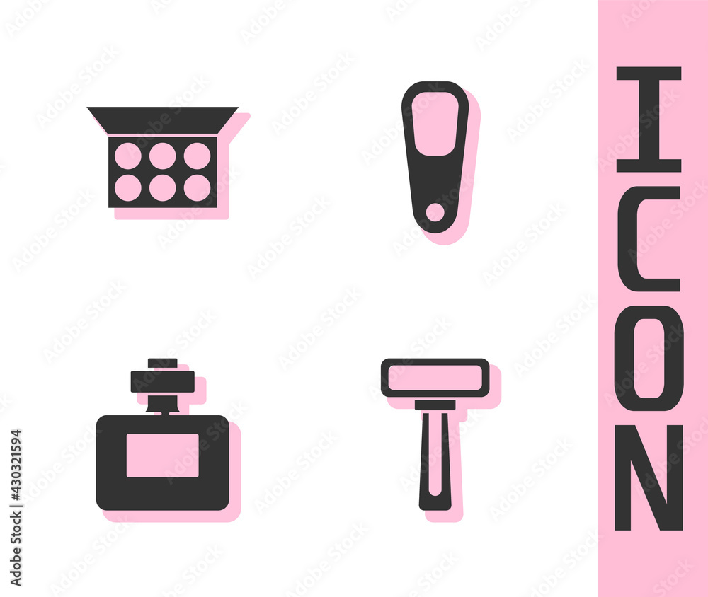 Set Shaving razor, Makeup powder with mirror, Perfume and Pumice for feet icon. Vector