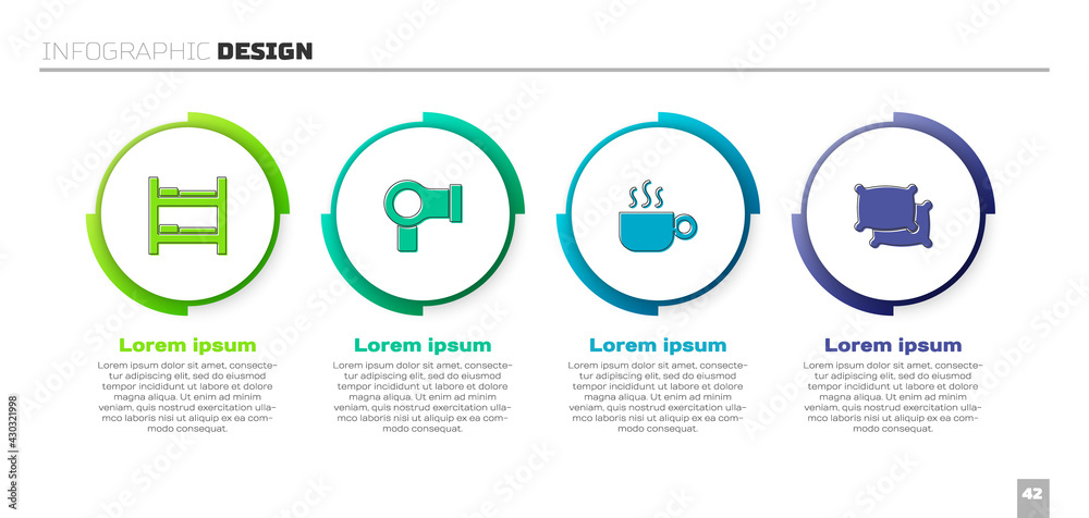 Set Hotel room bed, Hair dryer, Coffee cup and Pillow. Business infographic template. Vector