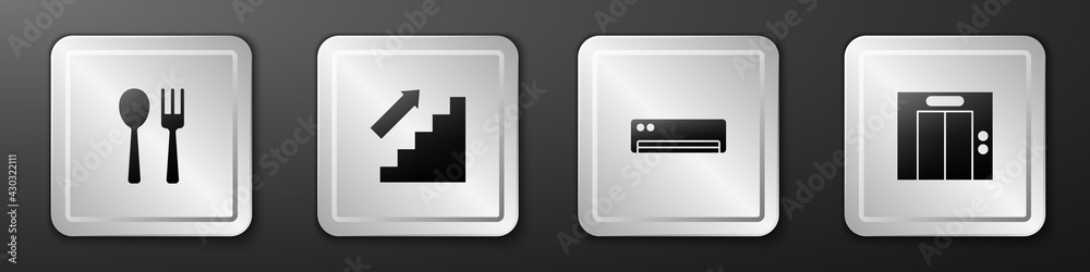 Set Fork and spoon, Stairs up, Air conditioner and Lift icon. Silver square button. Vector