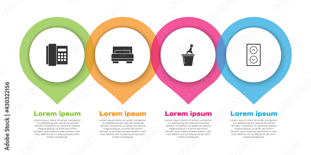 设置手机、酒店客房床、冰桶香槟和电梯。商务信息图templa