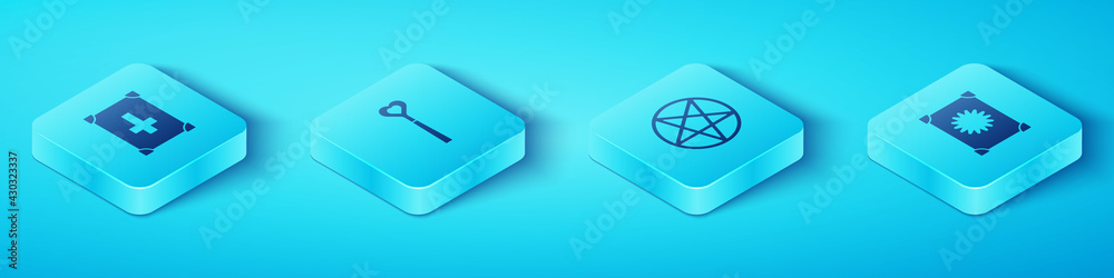 Set Isometric Ancient magic book, Magic wand, and Pentagram in circle icon. Vector