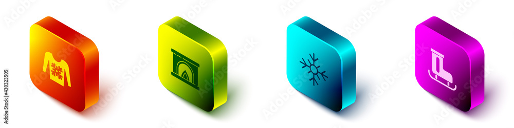 Set Isometric Christmas sweater, Interior fireplace, Snowflake and Figure skates icon. Vector