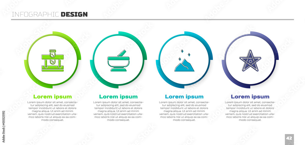 装有药剂、研钵和杵、魔法粉和五角星的套装瓶。商业信息图模板