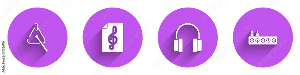 Set Triangle, Treble clef, Headphones and Sound mixer controller icon with long shadow. Vector