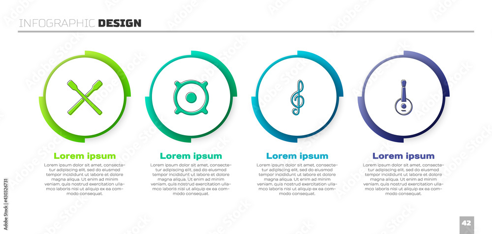 Set Drum sticks, Stereo speaker, Treble clef and Banjo. Business infographic template. Vector