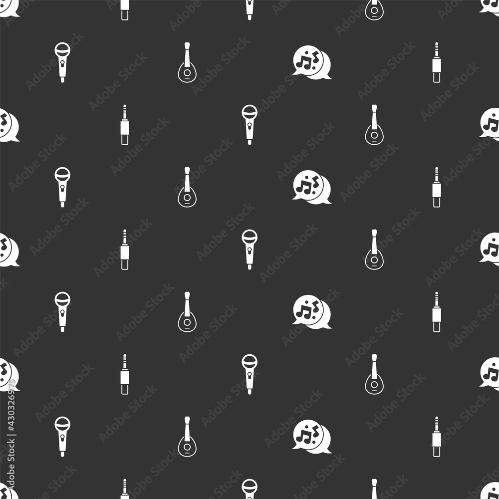 Set Music note, tone, Audio jack, Microphone and Guitar on seamless pattern. Vector