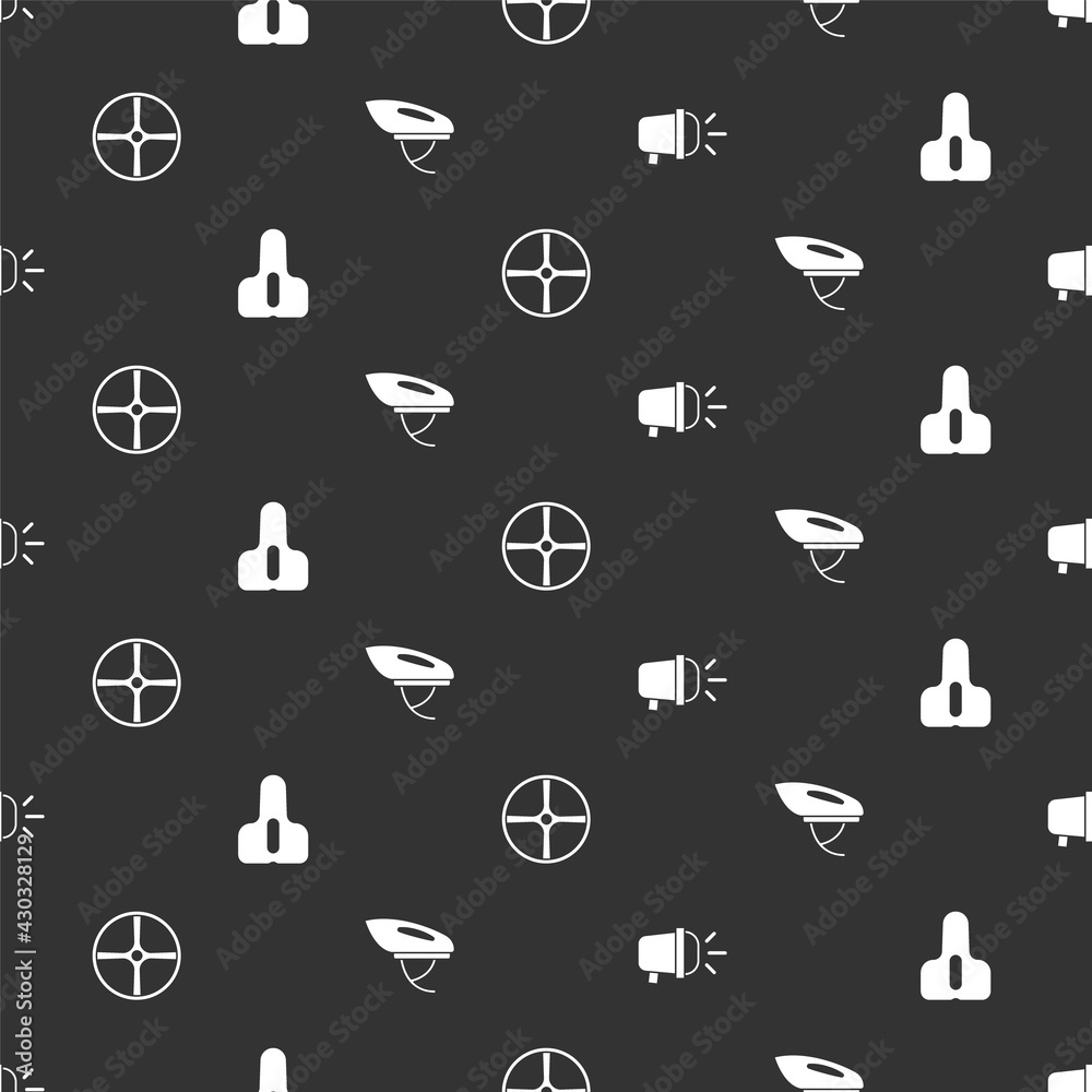 Set Bicycle head lamp, seat, wheel and helmet on seamless pattern. Vector