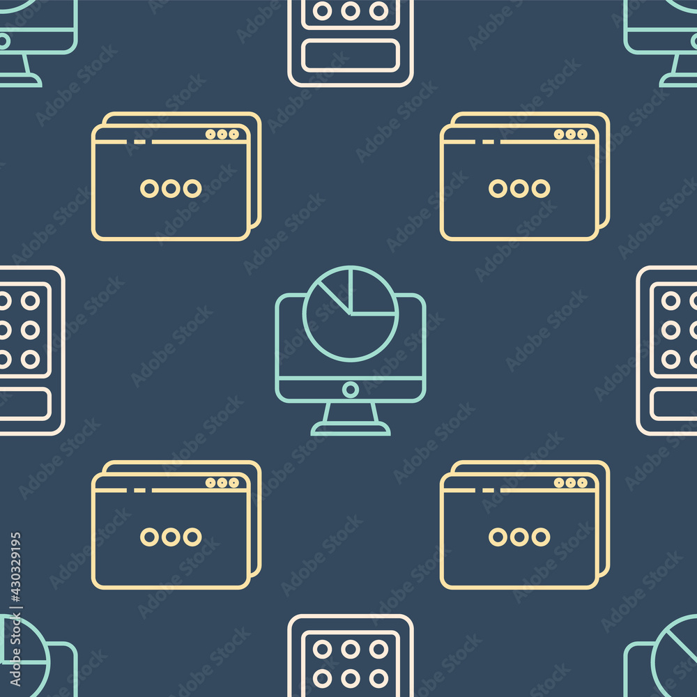 设置线条计算器、网站模板和计算机监视器，带有无缝图案的图表。Vec