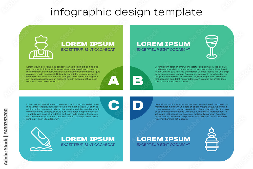 Set line Ketchup bottle, Cook, Camping gas stove and Wine glass. Business infographic template. Vect