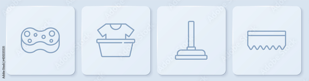 Set line Sponge, Rubber plunger, Basin with shirt and . White square button. Vector