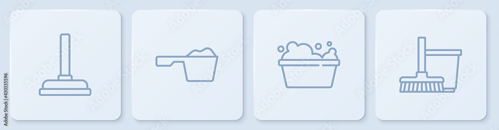 设置线橡胶柱塞、肥皂水盆、洗衣粉、拖把和水桶。白色方形烟蒂