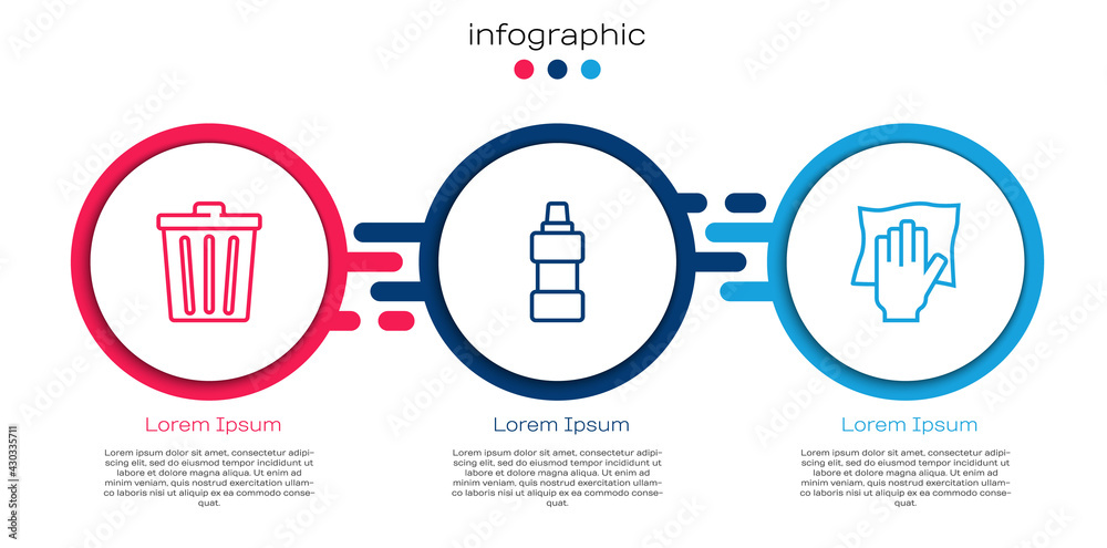 设置线垃圾桶，用于清洁剂和清洁服务的瓶子。商业信息图模板.V