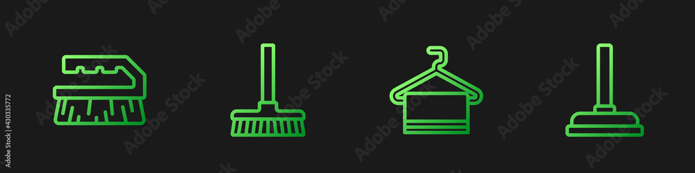 Set line Towel on hanger, Brush for cleaning, Handle broom and Rubber plunger. Gradient color icons.