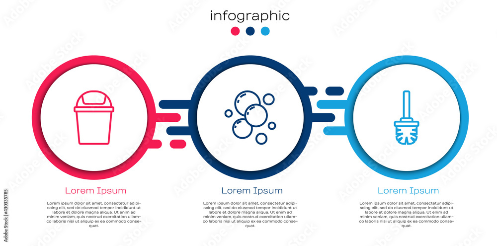 设置线垃圾桶、肥皂泡和马桶刷。商业信息图模板。矢量