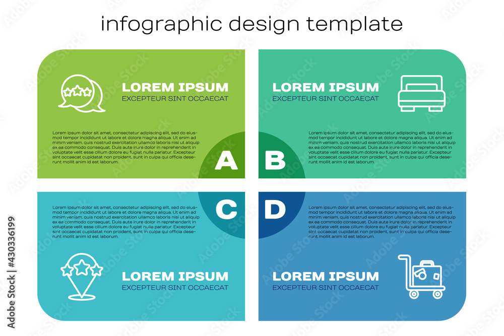 Set line五星评级评论，手提箱和酒店客房床。商业信息图模板。Vec