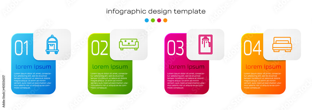套装手提箱、沙发、淋浴间和酒店客房床。商业信息图模板。矢量