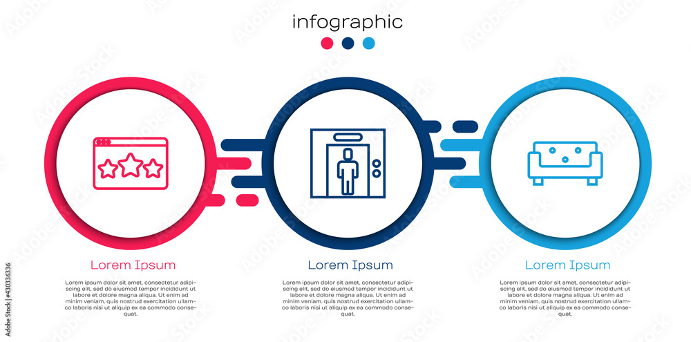 Set line Five stars rating review, Lift and Sofa. Business infographic template. Vector