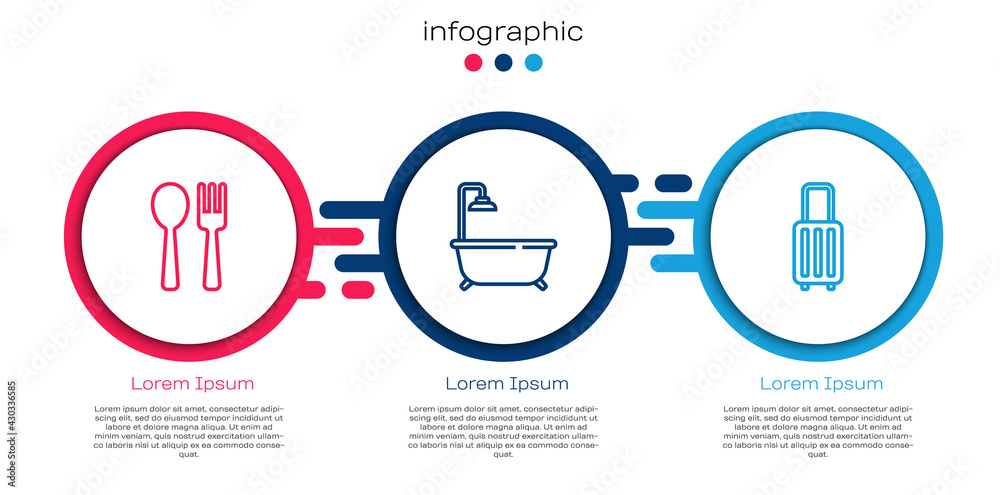 套装叉子和勺子，带淋浴和手提箱的浴缸。商业信息图模板。矢量