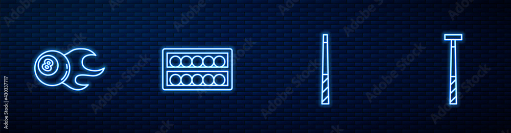 Set line Billiard cue, ball, balls on stand and . Glowing neon icon on brick wall. Vector